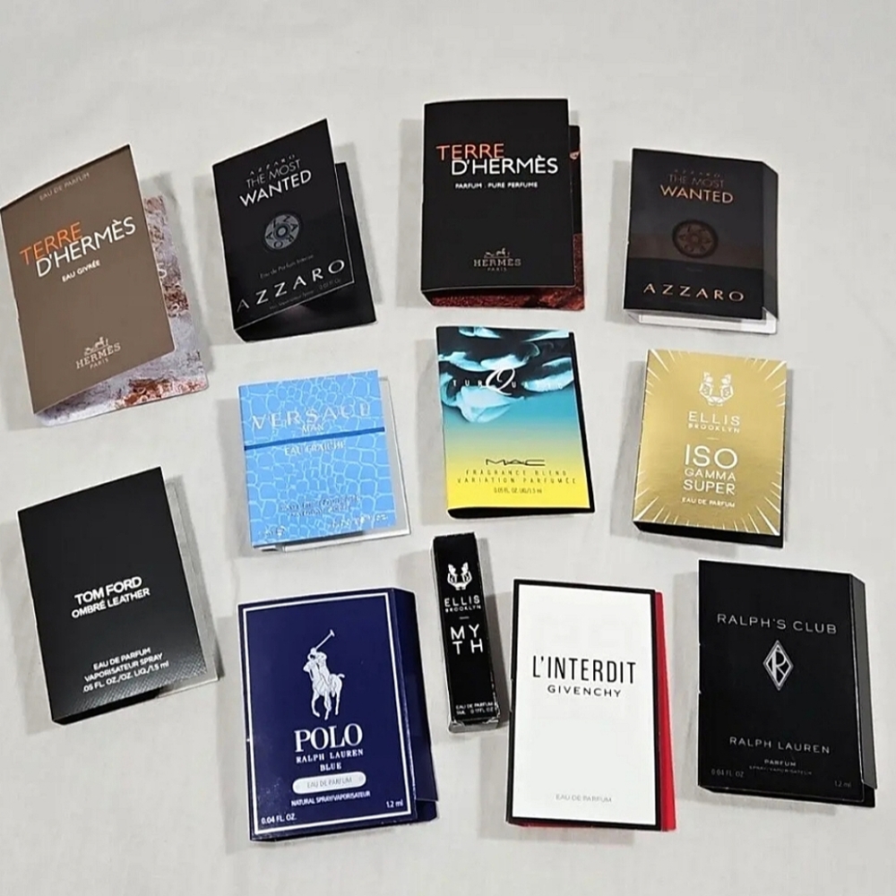 Designer Fragrance Sample Sprays Mens 12 pcs Polo Blue Hermes Versace Tom Ford